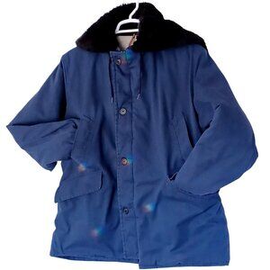 Vintage Winter Parka Navy Coat Mid Length Hood Button & Zipper Barn Jacket Men L